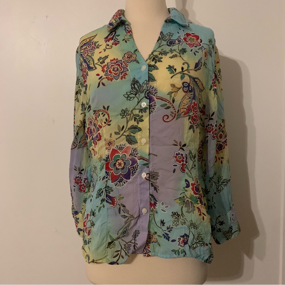Tianello Floral Tie Dye Blouse Size Medium Long‎ Sleeve - Picture 10 of 10